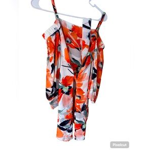 White orange blue, cold shoulder dress.